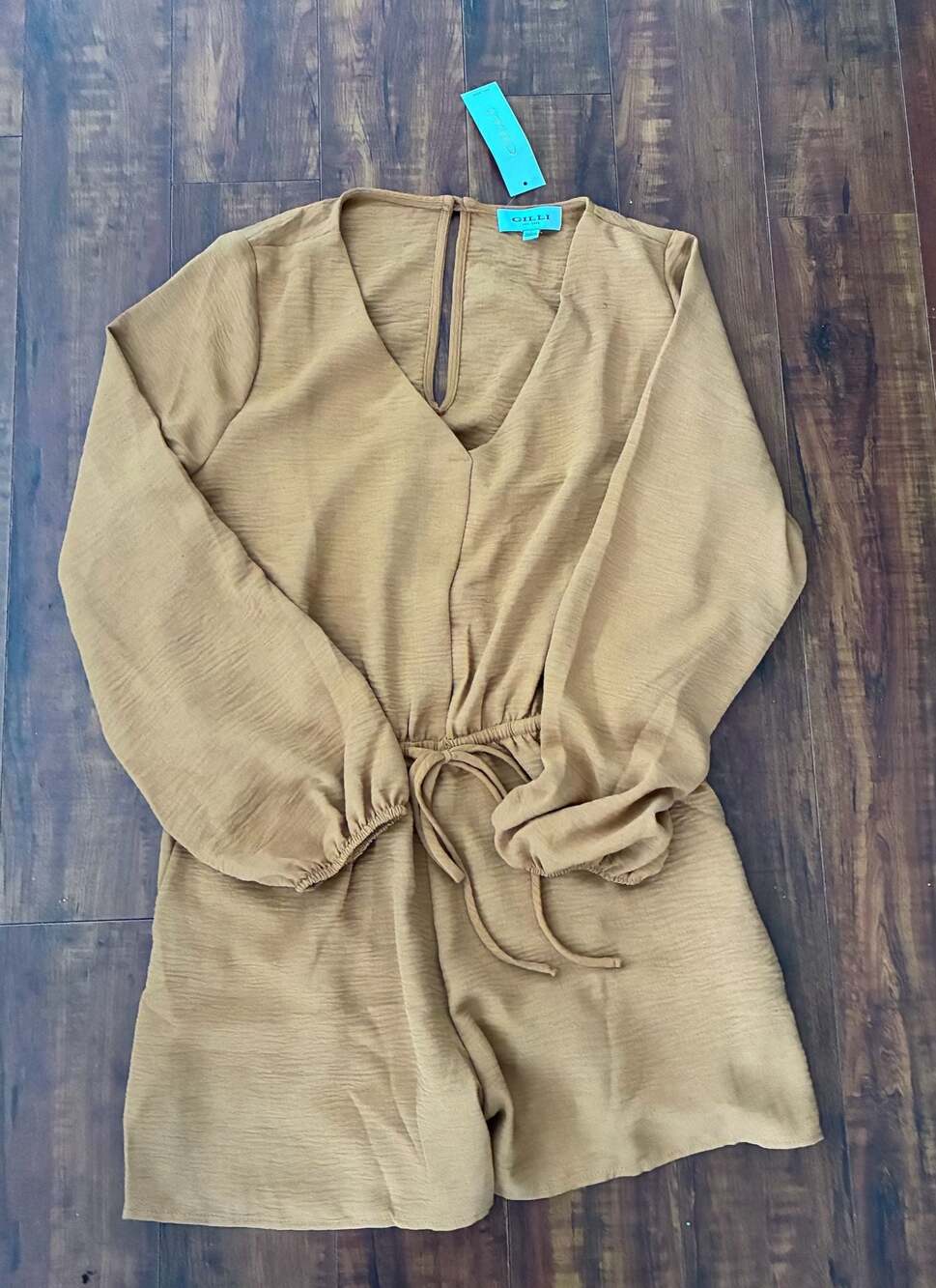 Gilli Long Sleeve Tie-Front Romper in Mustard Brown-NWT- size Lrg